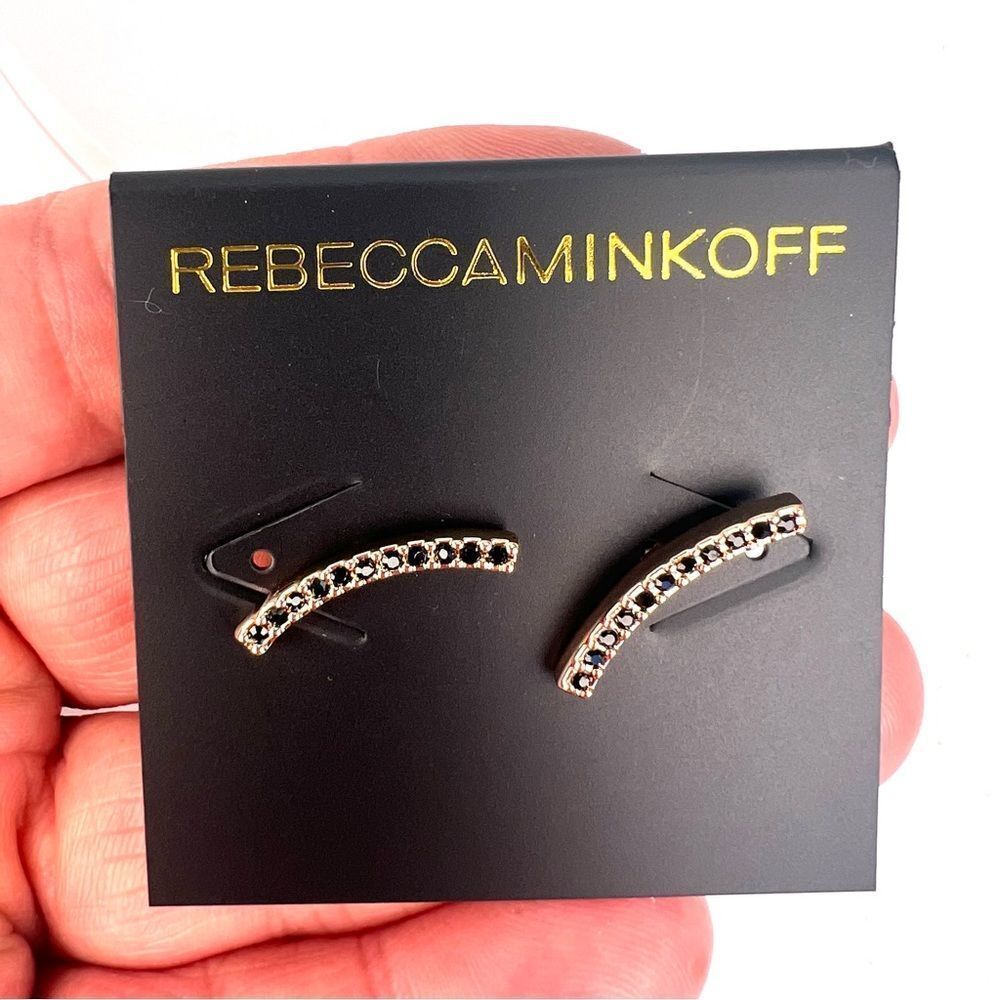 Rebecca Minkoff rose gold tone and Black Crystal curved bar stud earrings NWT - Picture 2 of 3